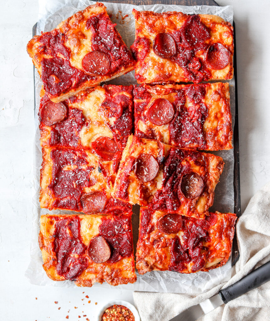 Detroit style pizza, sliced