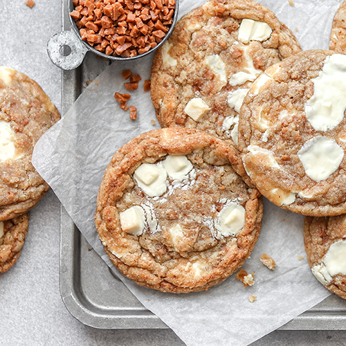 Toffee whit chocolate chip cookies on a tray