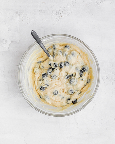 Blueberries in loaf cake batter