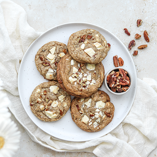 Chai pecan cookies on a plate