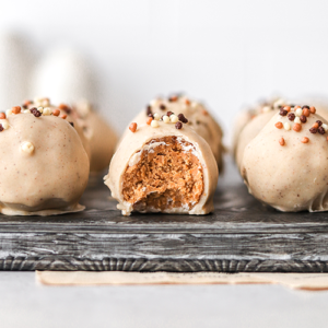 White chocolate gingerbread truffles on a baking tray